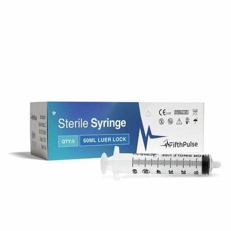 FIFTHPULSE 60ml Luer Lock Syringe NO Needle, Measurement Dispensing, Sterile, Individually Wrapped, 5PK FMN100660